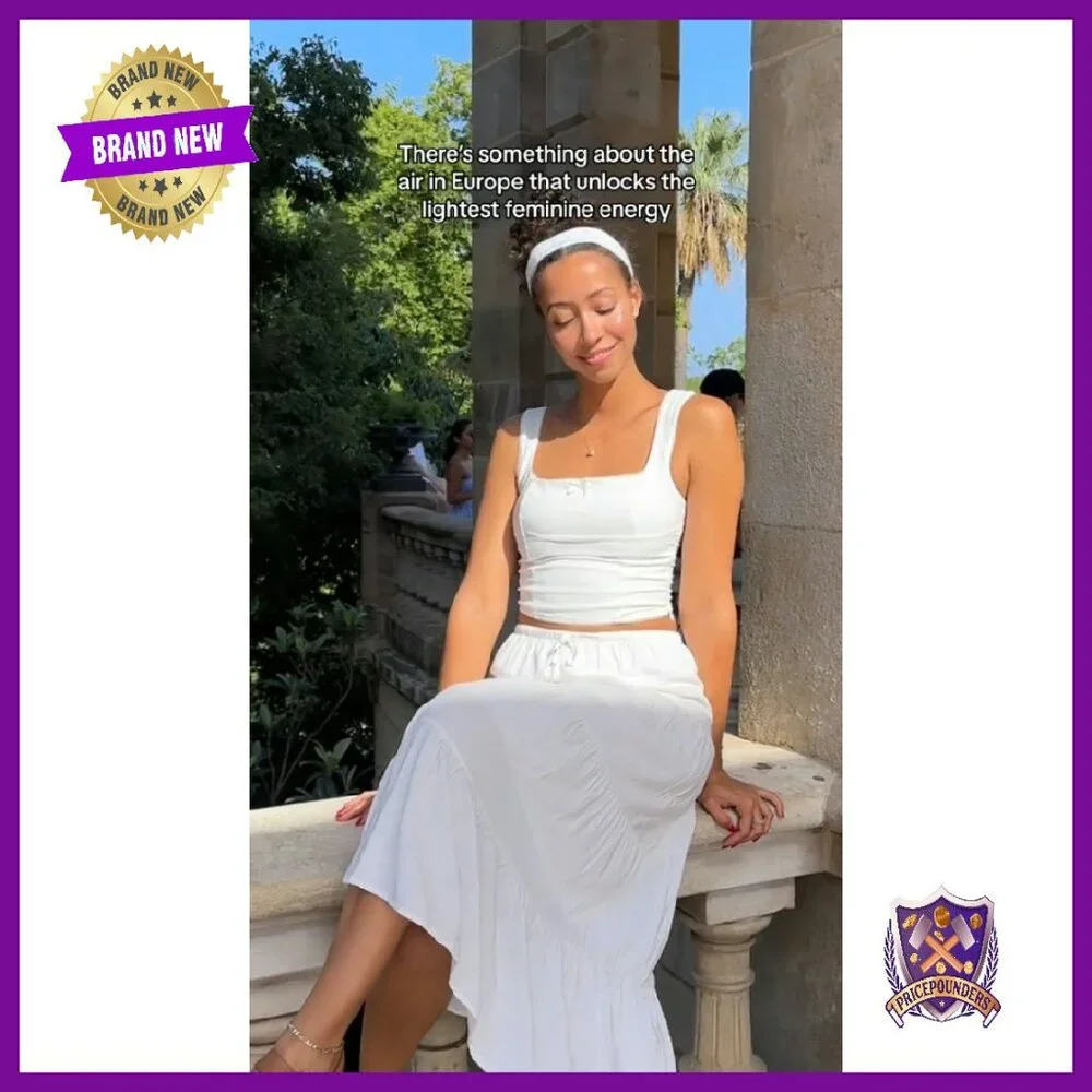 Maxi Skirt with Lining Elastic Waist Drawstring Tiered A-Line Flowy - Picture 8 of 8